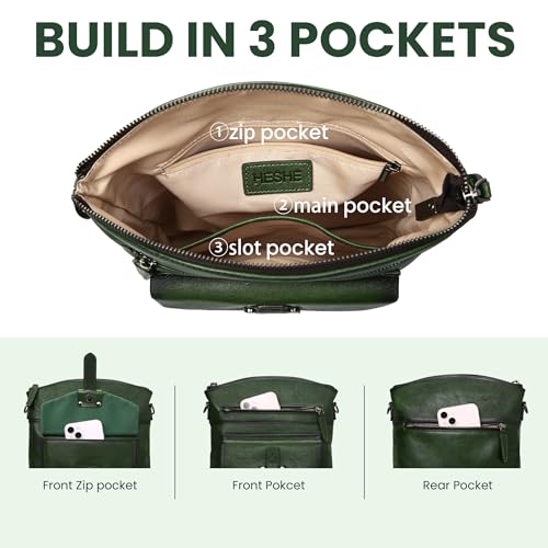 HESHE Leather Crossbody Bags for Women Shoulder Handbags Satchel Purse | Spacious Medium Crossover Shoulder Purse with Adjustable Sling Straps Lightweight Hobo Bags for Work,Travel and Daily Use - color: Green