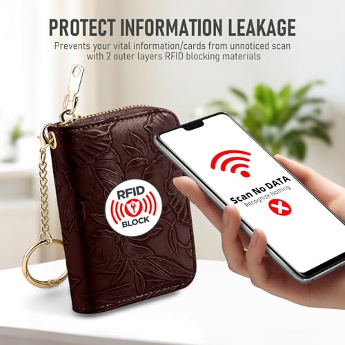 credit card holder for women，Embossed leather Rfid wallet women， KeyChain Wallet - color: coffee brown