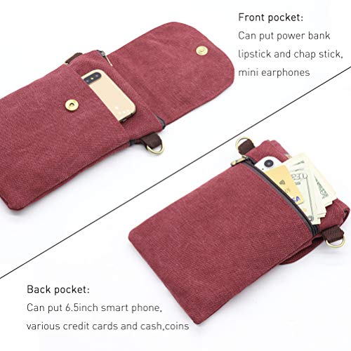 SILKAREA Vintage Embroidered Canvas Flip Small Crossbody Bag Cell Phone Pouch for Women Wristlet Wallet Bag Coin Purse - color: Wine Red