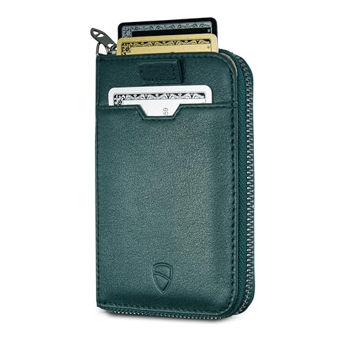 Vaultskin NOTTING HILL Slim Italian Leather Zip Around Wallet, RFID | Minimalist thin card holder for men and women, small coin purse, keychain D-ring, RFID blocking, 10 cards, cash, gift box - color: Alpine Green