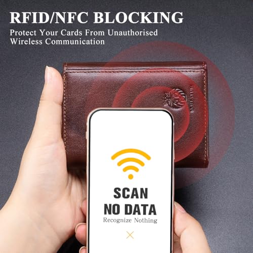 Trifold Wallets for Men RFID Blocking Full Grain Leather Short Mens Wallet with Snap Closure, 8 Card Slots, Clear ID Window, Coffee - color: Coffee