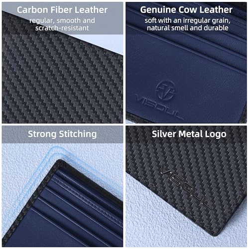 VISOUL Leather Mens Bifold RFID Blocking Wallet with 2 ID Windows, Leather Wallet for Men (Carbon Fiber, Black+Blue) - color: Black+Blue
