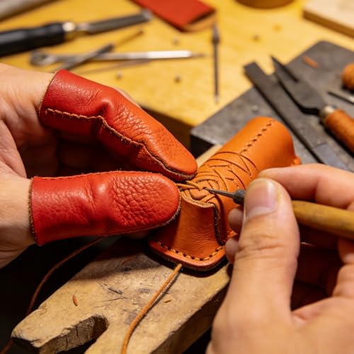 Needle Felting Finger Guards, 10 Pairs Leather Thimbles for Hand Sewing, Leather Finger Cots for Knitting and Embroidery, Random Color