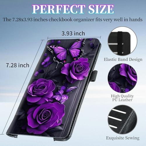 Checkbook Cover for Duplicate Checks,Slim Durable RFID Blocking Checkbook Credit Card Holder for Personal and Business Checks-Purple Rose Butterfly - color: Purple Rose Butterfly