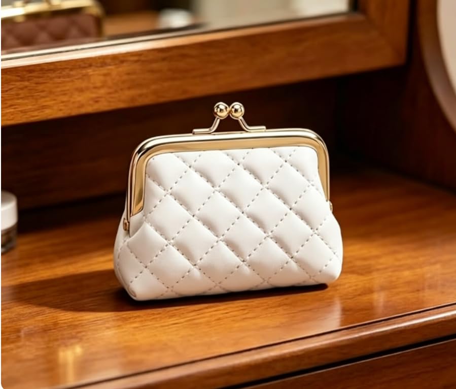 Vintage Kiss Lock Change Pouch, Quilted PU Leather Coin Purse for Women-4.92 Inch White - color: White