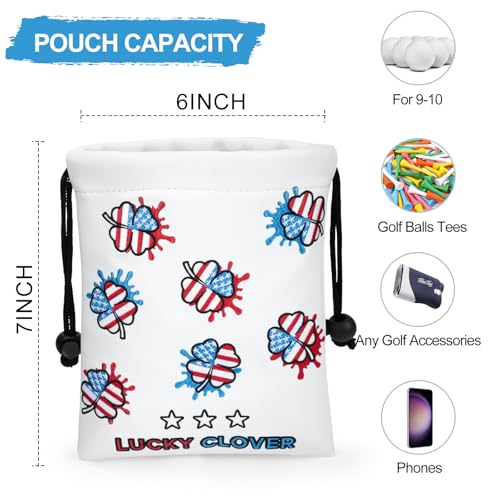 Golf Valuables Pouch - Leather Tee Pouch with Drawstring Closure Golf Gifts - color: USA Lucky Clover