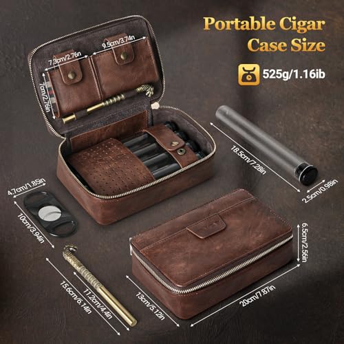 Cigar Humidor, Leather Travel Cigar Case, Portable Cigar Box with Cigar Draw Enhancer and Multifunction Cigar Cutter, Cigar Accessories Gift Set (Brown) - color: Brown