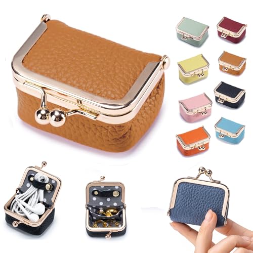 Genuine Leather Mini Jewelry Box & Coin Purse for Women, Travel Jewelry Case with Kiss Lock, Holds Earrings, Rings, Necklace, Bracelet, Coins (Caramel) - color: Caramel - 2.5in