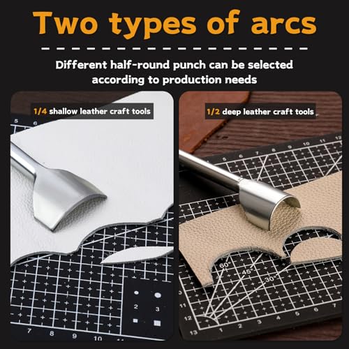 4 Pcs Leather Punch Pads+14 Sizes Leather Corner Punch, Cutting Mat, Sound Absorbing Pad and A4 Self Healing Cutting Mat, Half-Round Punch Set with Double Sided Nylon Hammer for Belts, Purses and Etc