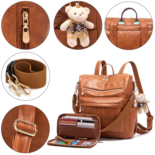 Soperwillton Women Backpack Purse Shoulder Handbags Travel Bag Set 2pcs | Soft PU Leather,Large Capacity,Many Pockets,with a Functional Wallet,with a Detachable Shoulder Strap,Multipurpose Design - color: Brown