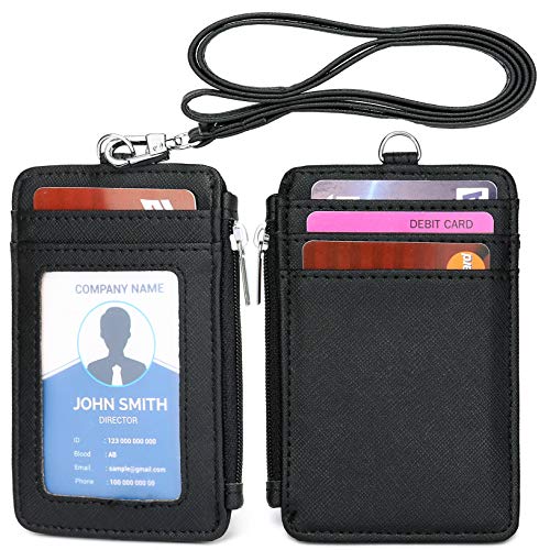ID Badge Holder with Neck Lanyard PU Leather ID Badge Wallet Case with 1 ID Window, 4 Card Slots, 1 Side Zipper Pocket - color: Black