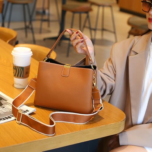 Leather Bucket Bag for Women, Soft Crossbody Top-handle Purse | Small Tote Handbag with 3 Style Detachable Straps, Spacious Daily Handbag for Work Outing Daily Use - color: Brown