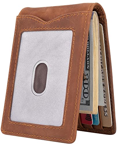 Slim Wallet with Money Clip RFID Blocking Minimalist Bifold Wallet for Men Genuine Leather Front Pocket Card Holder - color: AS260 - Khaki (Finger Groove)