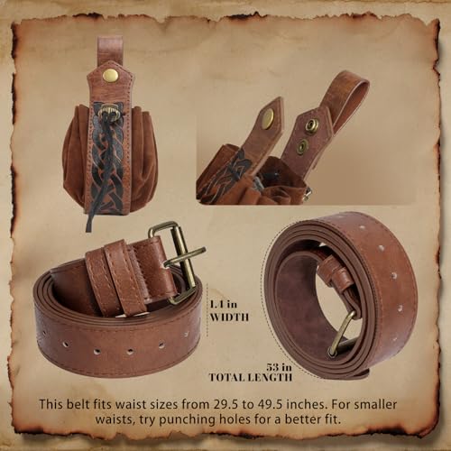Renaissance Belt Pouch Medieval Pirate Costume Accessories Set for Cosplay | Viking Faux Leather Waist Bag, Skirt Hike Clips, Perfect for Women and Men Ren Faire, LARP, Fantasy, Halloween - color: Brown