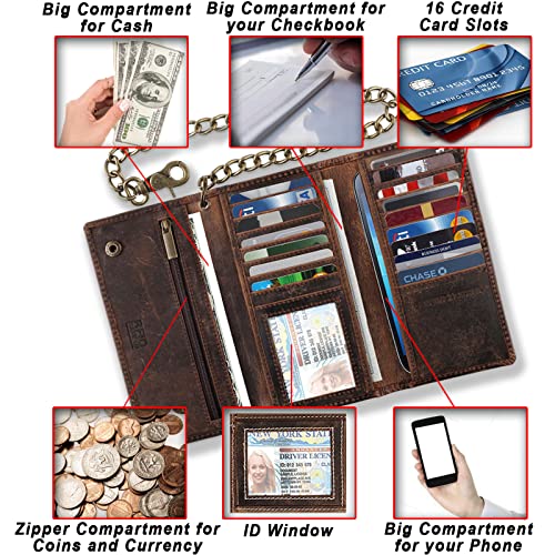 F&L CLASSIC RFID Blocking Mens Tri-fold Long Style Cowhide Leather Steel Chain Wallet,buffalo wax vintage leather,212 wax brown - color: buffalo wax vintage leather