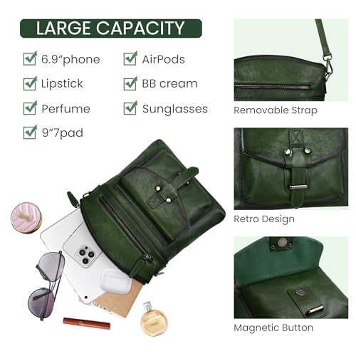 HESHE Leather Crossbody Bags for Women Shoulder Handbags Satchel Purse | Spacious Medium Crossover Shoulder Purse with Adjustable Sling Straps Lightweight Hobo Bags for Work,Travel and Daily Use - color: Green