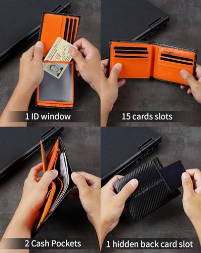 Swallowmall Wallet for Men RFID Blocking Genuine Leather Mens Wallets Bifold with 1 ID Window 15 Card Slots black stripe orange - color: black stripe orange