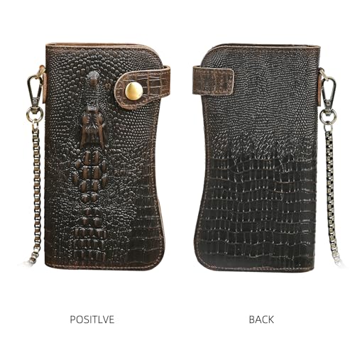 Genuine Crazy Horse Leather Travel Gift Coin Pocket Card Case Long Organizer Chain Rfid Wallet Purse With Snap For Men Male 1088 (1088 Dark Brown-Crocodile) - color: 1088 Dark Brown-Crocodile