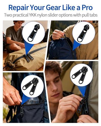 Zipper Repair Kit for YKK #10 Heavy Duty Nylon Zipper Chain 5 Yards | 8 Pull-Tab Sliders (4 Long Pull & 4 Double Pull), Stops, For Outdoor Gear Repair, DIY, Boat Covers, Camping Gear - color: 10#-9 Pcs