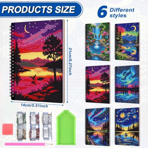 Fullhawl 6 Pack 5D DIY Diamond Art Crafts Kit for Adults Office Supplies Beginner A5 Leather Diamond Painting Gift for Women Art Cover Craft Accessories with Tool (Aurora Painting) - style: Aurora Painting