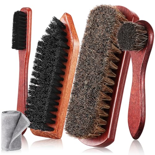 Vesici 5 Pcs Horsehair Shoe Brush Kit, Leather Boot Polish Care Cloth | Horse Hair Bristles for Polishing Leather, Wooden Handles, Microfiber Cloth for Buffing, Works on Boots, Dress Shoes