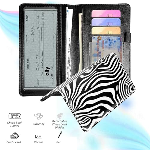 Check Book Cover for Personal Checkbook, Leather Business Checkbooks Plastic Insert Flap Card Holder Pen Hoop Holder with RFID Blocking Slim Wallet for Women Men, Black White Line - color: Black White Line