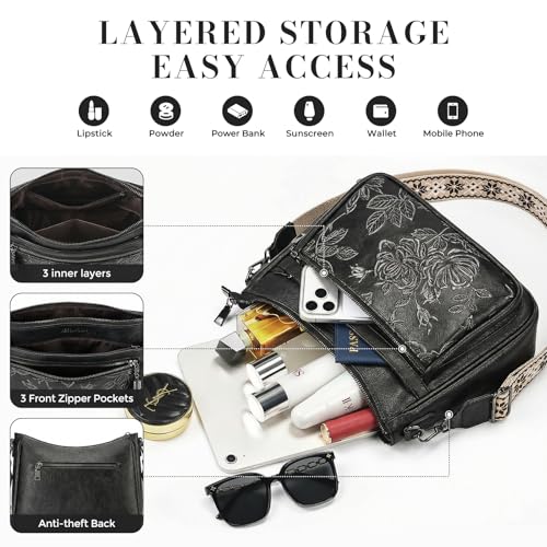 Crossbody Bags for Women, Medium Vegan Leather Purses | Large Capacity Multi-Pocket Embossed Shoulder Bag with Boho Strap for Daily Travel - color: Black Silver