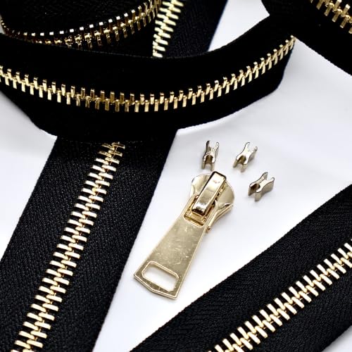 #8 Heavy Duty Metal Zipper by the Yard 3 Yards with 5 Sliders 10 Top Stops and 5 Bottom Stops for Tents Backpacks Outdoor Gear Cushion Covers DIY Pouches and Home Decor(Black/Gold Teeth) - color: Black/Gold Teeth