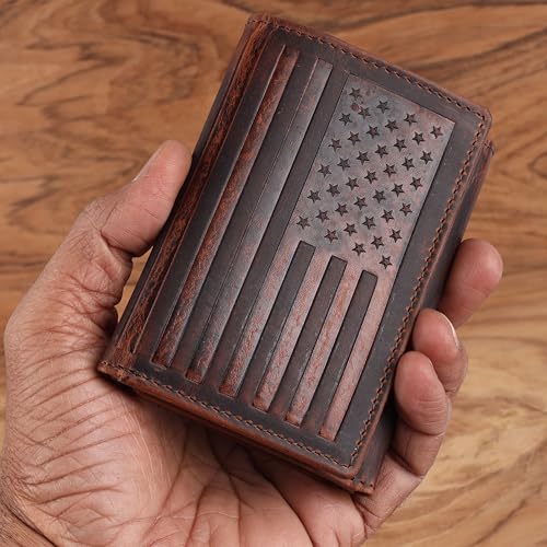 Trifold Wallet for Men, Full Grain Cowhide Leather, RFID Blocking, Gifts for Men (Brown with US Flag) - style: Brown With Us Flag
