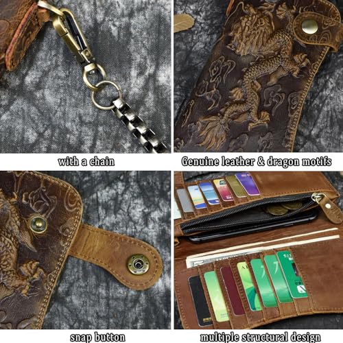 Motorcycle Chain Wallet for Men Tri-fold Long Biker Wallet with Heavy Duty Chain for Bikers Truckers Hunters - color: 10-Brown with Dragon