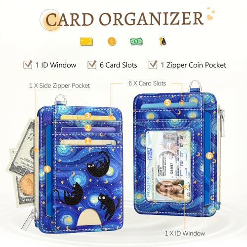 Kelvoris Credit Card Holder Small Wallet Women, Slim RFID, Blue Black Cat | Keychain, Zipper Coin Pocket, Front Pocket Thin Travel Card Case, Minimalist, 6 Card Slots, 1 ID Window, Ladies Gifts Woman - color: Black Cat Star Night