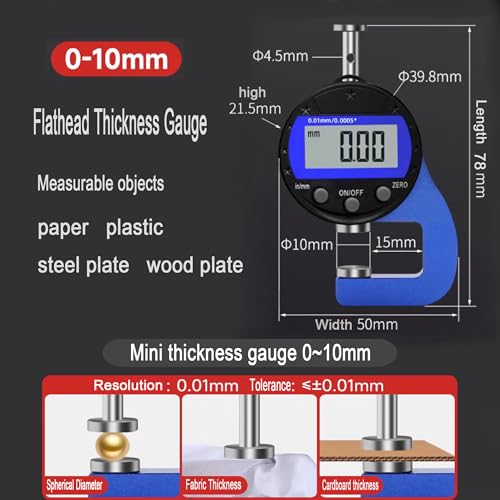 Digital Thickness Gauge Thickness Measuring Indicator Thickness Gauge | Measuring Range 0-10mm0.0005''/0.01 mm with LCD Display, for Leather, Paper, Sheet Metal and More (PT) - style: Percentage Gauge Flat Head 10MM