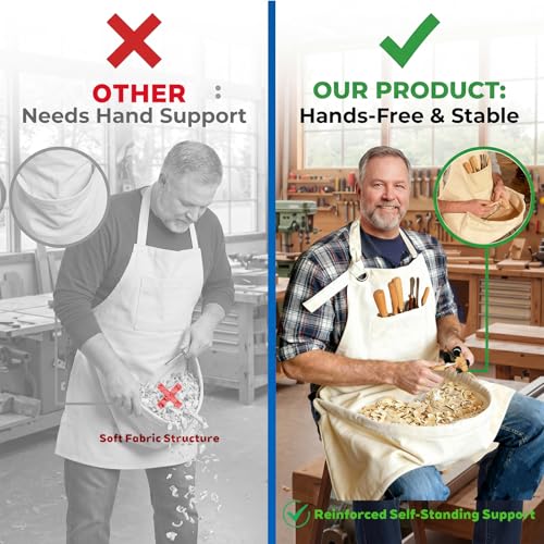 Woodcarving Apron-Work Apron with Brown Leather Chest Patches, Tool Pocket - color: White