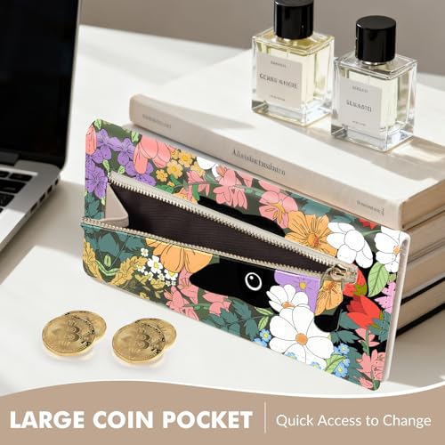 Womens Wallet, Rfid Wallets for Women,Slim Thin Credit Card Holder Organizer Purse,PU Leather Cute Long Bifold Clutch Cash Wallet with Zipper Coin Pocket,Ladies Gift,Flowers and Cats 1 - color: Flowers and Cats 1