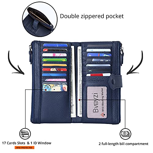 Bveyzi Women Soft Leather RFID Blocking Bifold Slim Wallets Ladies Credit Card Holder Double Zipper Pocket - color: Deep Blue