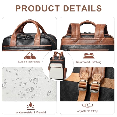 Laptop Backpack for Women 15.6 inch Travel Leather Backpack Purse Work Computer Backpacks for Business College Black With Brown and White - color: Black With Brown and White