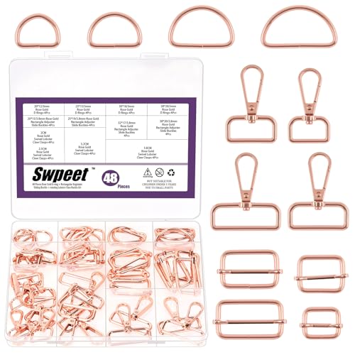 Swpeet 48Pcs 4 Sizes Rose Gold Metal D Ring & Rectangle Adjuster Triglides Slides Buckle & D Ring Swivel Lobster Clasp Kit, Semi-Circular D Rings Roller Pin Buckles Swivel Snap Hook for Belt - color: Rose Gold