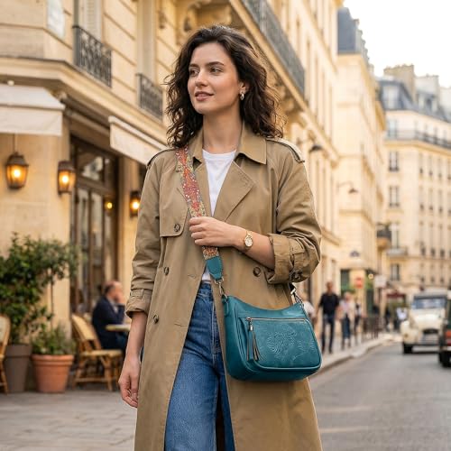 Crossbody Bags for Women, Medium Vegan Leather Purses | Large Capacity Multi-Pocket Embossed Shoulder Bag with Boho Strap for Daily Travel - color: Peacock Blue