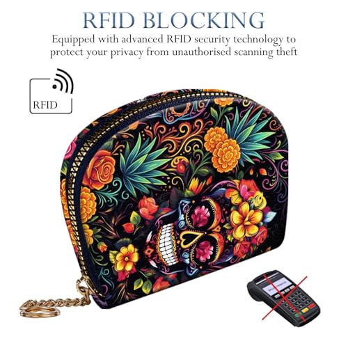 RFID Credit Card Holder Wallet for Women, Small Leather Card Case with Zipper Keychain, Slim Accordion Card Organizer for Cash Coins ID Business Cards,Skull in Flowers - color: Skull in Flowers, size: Wallet-B
