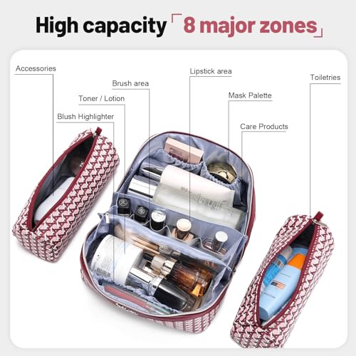 BOYATU Travel Makeup Bag Cosmetic Bags for Women: 3 Pcs Set Make up Bag | Large Capacity Waterproof Vegan Leather Organizer Bags with Compartments - Lay flat Toiletry with Handle (M-78Red) - color: M-78Red