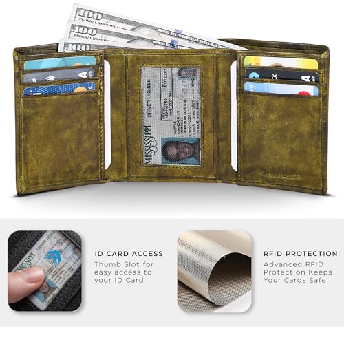 Trifold Leather Wallet for Men - RFID Slim Minimalist Front Pocket 6 Slots - color: Wash Green