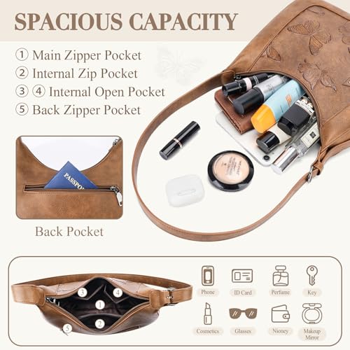 BELTANA Shoulder Bag for Women, Small Vegan Leather Butterfly Hobo Purse | Crescent Shoulder Purse, Top Handle Design, Lightweight, Underarm Style, Daily Travel & Shopping, Gift Choice - color: Brown
