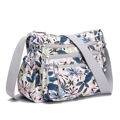 AOCINA Nylon Crossbody Bags for Women Multi Pocket Cross Body Purses - color: Gray Leaves, size: Large