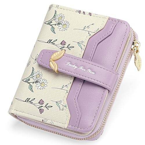 GAEKEAO Small Wallets Woman RFID Blocking Vegan Leather Bifold Floral Ladies Purse Card Holder with Zipper Pocket ID Window - color: Z-Purple