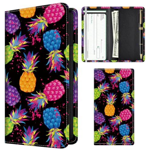 Checkbook Cover for Personal Checkbook, Cute Pu Leather Check Book for Women & Men, Slim Checkbook Holder with Pen Holder and Built-in Clear Plastic Divider, Neon Pineapple - color: Neon Pineapple