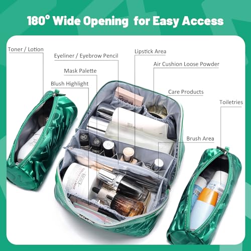 BOYATU Makeup Bag, Makeup Organizer, Toiletry Travel Bag for Women - Green | 3 Pcs Vegan Leather Cosmetic Bag with Compartments - Waterproof Large Capacity Toiletry Bag - 180° Open-Flat Makeup Organizer - color: D-1-Green