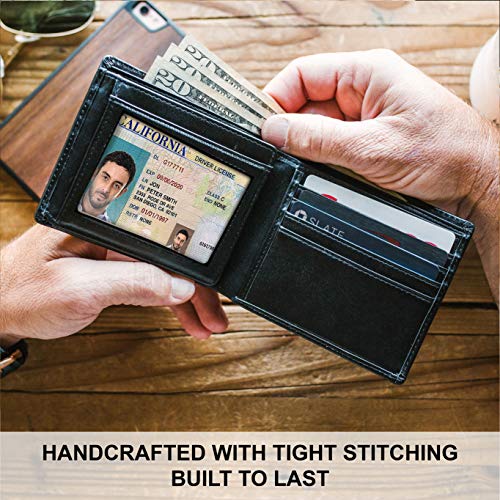 Top Grain Leather Wallet for Men | RFID Blocking | Extra Capacity Bifold Wallet with 2 ID Windows | Ultra Strong Stitching | Slim Billfold with 8 Card Slots | Gift for Him - color: Black
