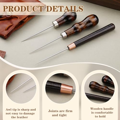 ZXIIXZ 3 Pack Leather Scratch Awls Tool, Wooden Handle Sewing Awl | Leather Awls for Stitching Punching Sewing, Scratch Awl Tool Supplies for DIY Leather Sewing Punching Craft Repair - color: 3 Pcs Wooden Brown
