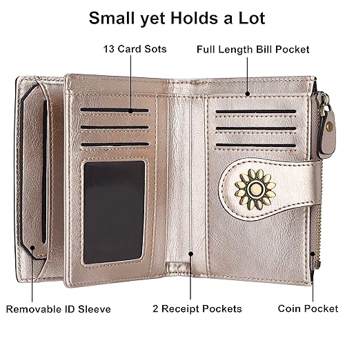Womens Leather Wallet Small Compact RFID Blocking Credit Card Case Purse with Zipper Pocket | Small - color: Champagne Gold