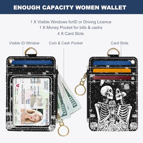 Slim Wallet Credit Card Holder, Skeletons and Flowers, RFID Wallet Women Cute Small Front Pocket Wallet With Zipper, PU Leather Thin travel RFID Blocking Card Case ID Window,Ladies Gifts - color: Skeletons and Flowers
